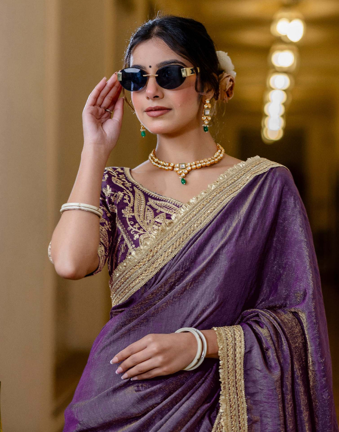 Purple Shimmer Chiffon Lace Saree