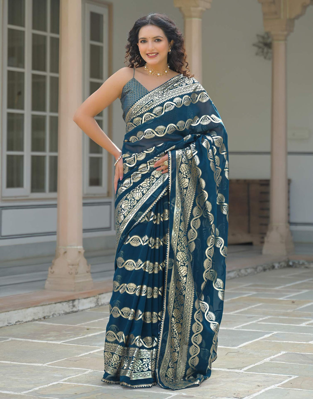 Dark Blue Georgette Foil Printed Saree