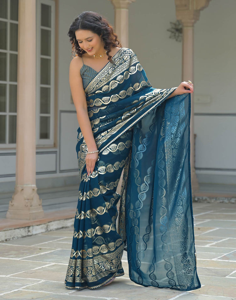 Dark Blue Georgette Foil Printed Saree