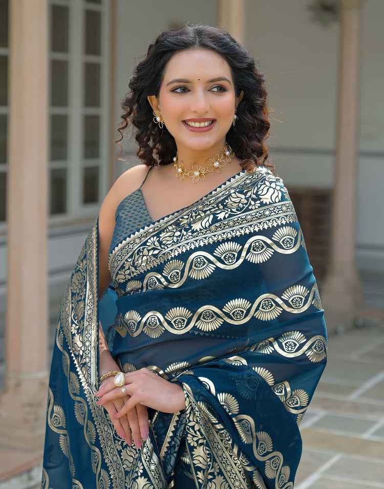 Dark Blue Georgette Foil Printed Saree