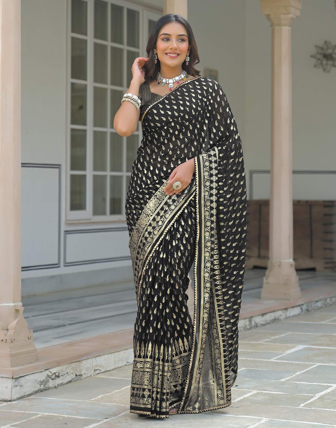 Black Georgette Foil Printed Saree