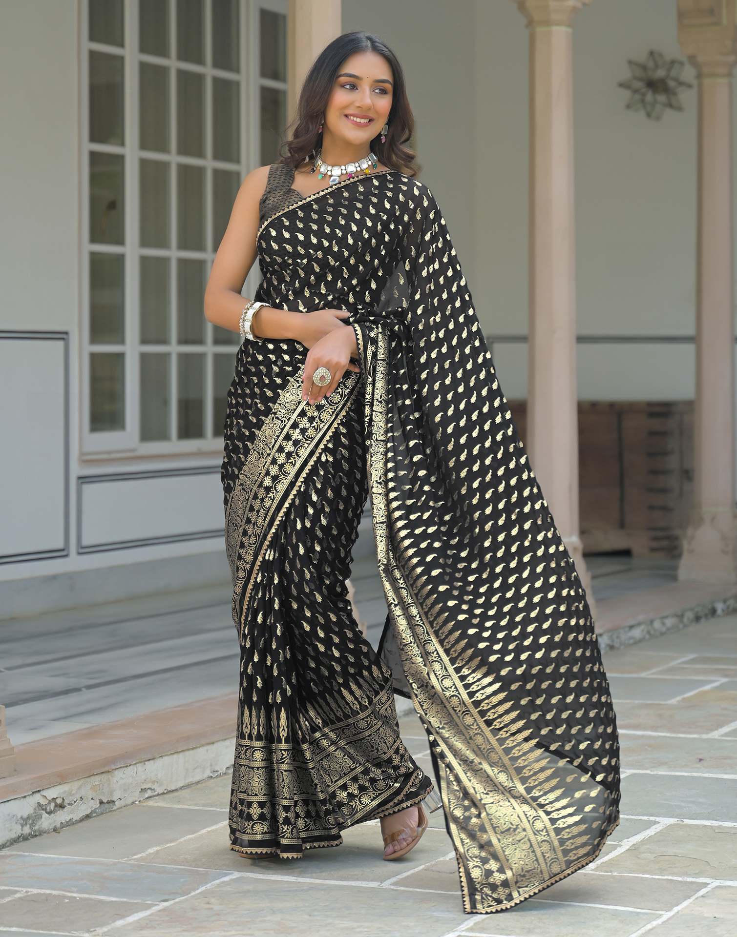 Black Georgette Foil Printed Saree