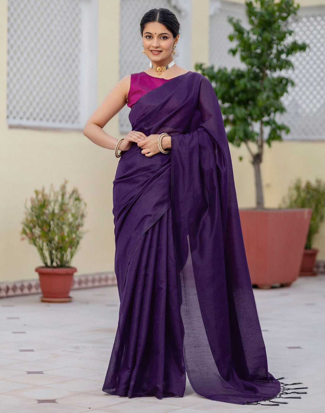 Purple Chanderi Cotton Tassels Plain Saree