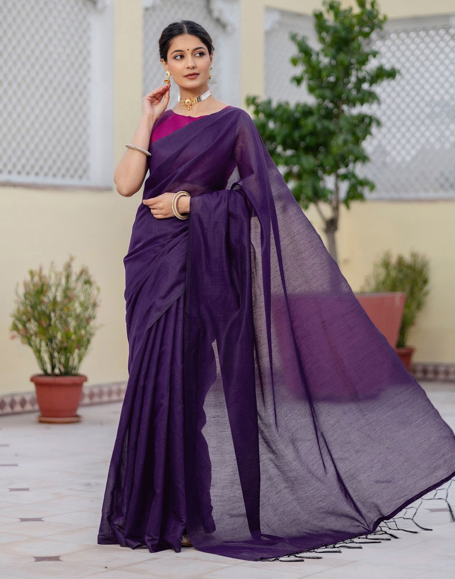 Purple Chanderi Cotton Tassels Plain Saree