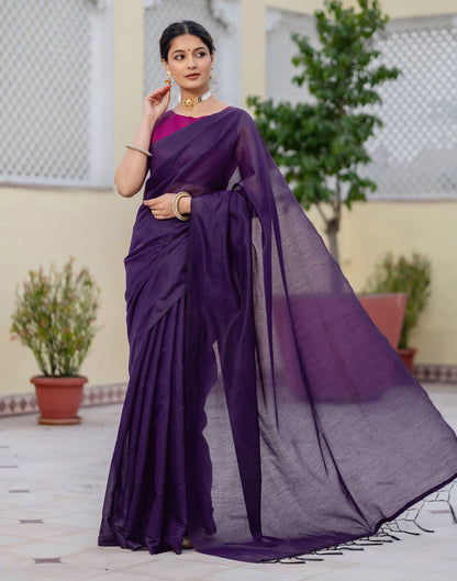 Purple Chanderi Cotton Tassels Plain Saree
