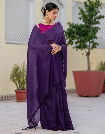 Purple Chanderi Cotton Tassels Plain Saree