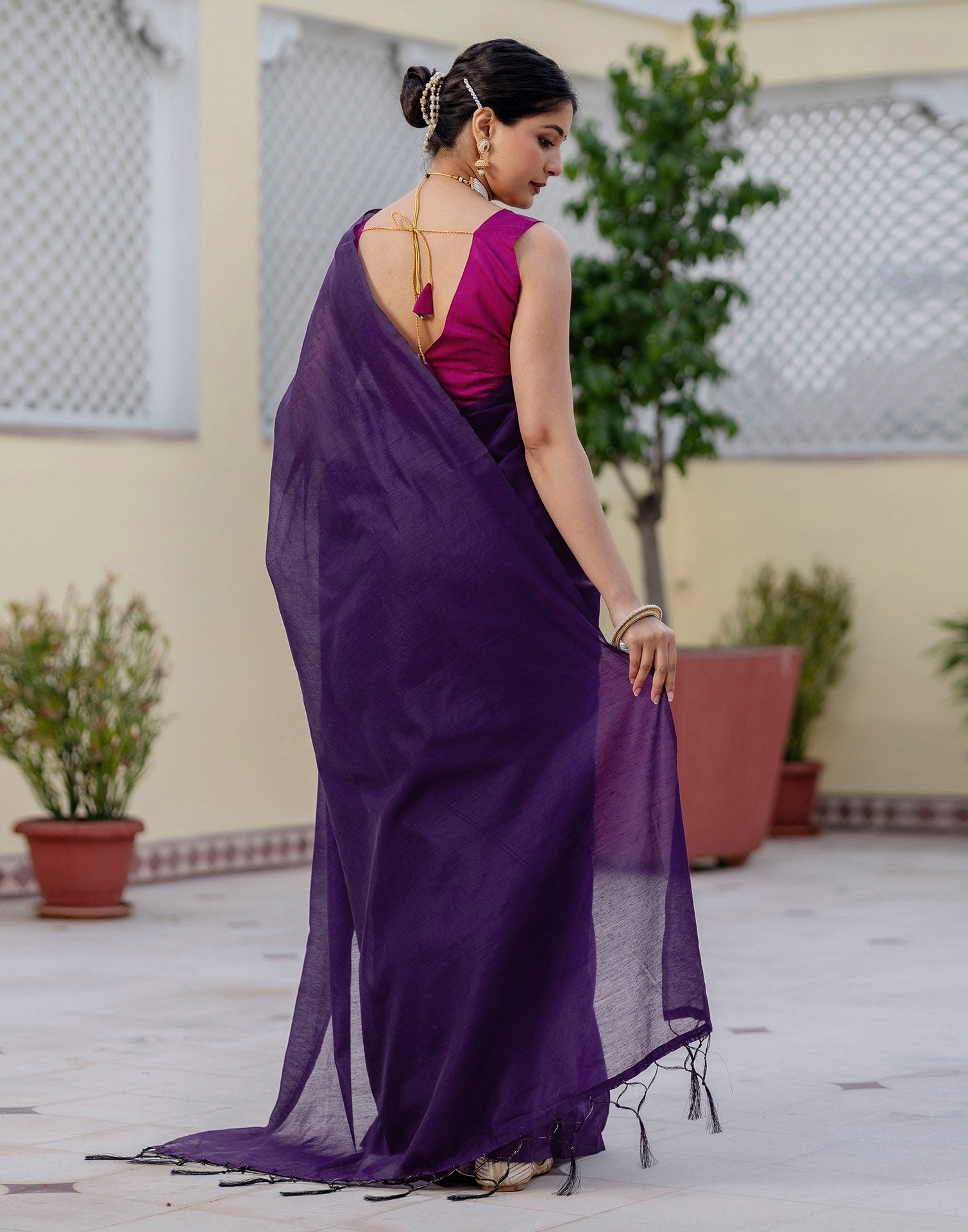 Purple Chanderi Cotton Tassels Plain Saree