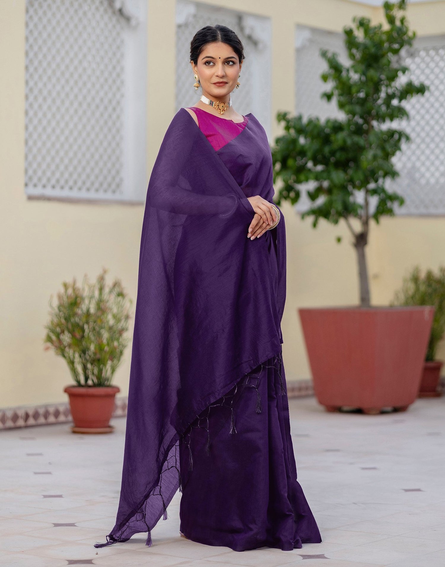 Purple Chanderi Cotton Tassels Plain Saree