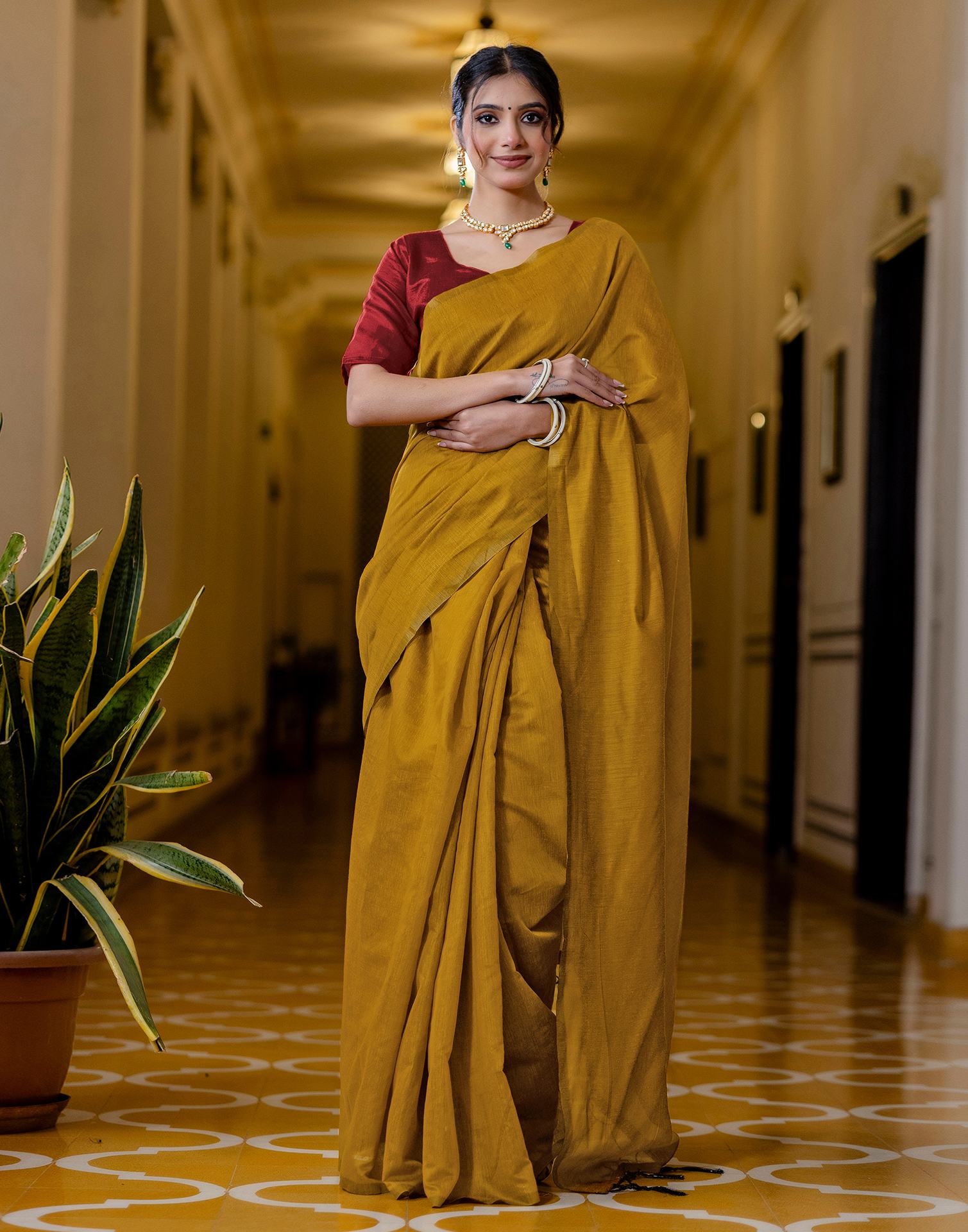 Yellow Chanderi Cotton Tassels Plain Saree