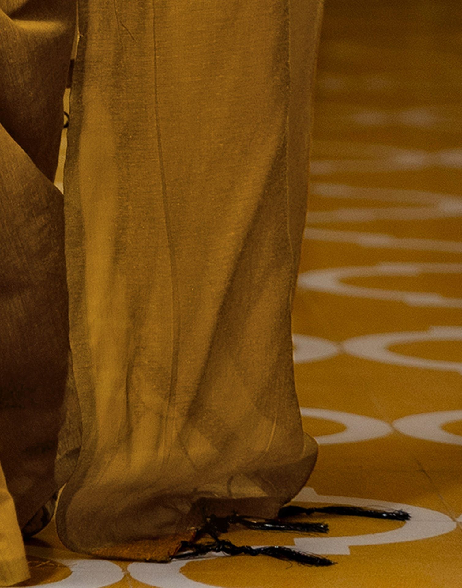 Yellow Chanderi Cotton Tassels Plain Saree