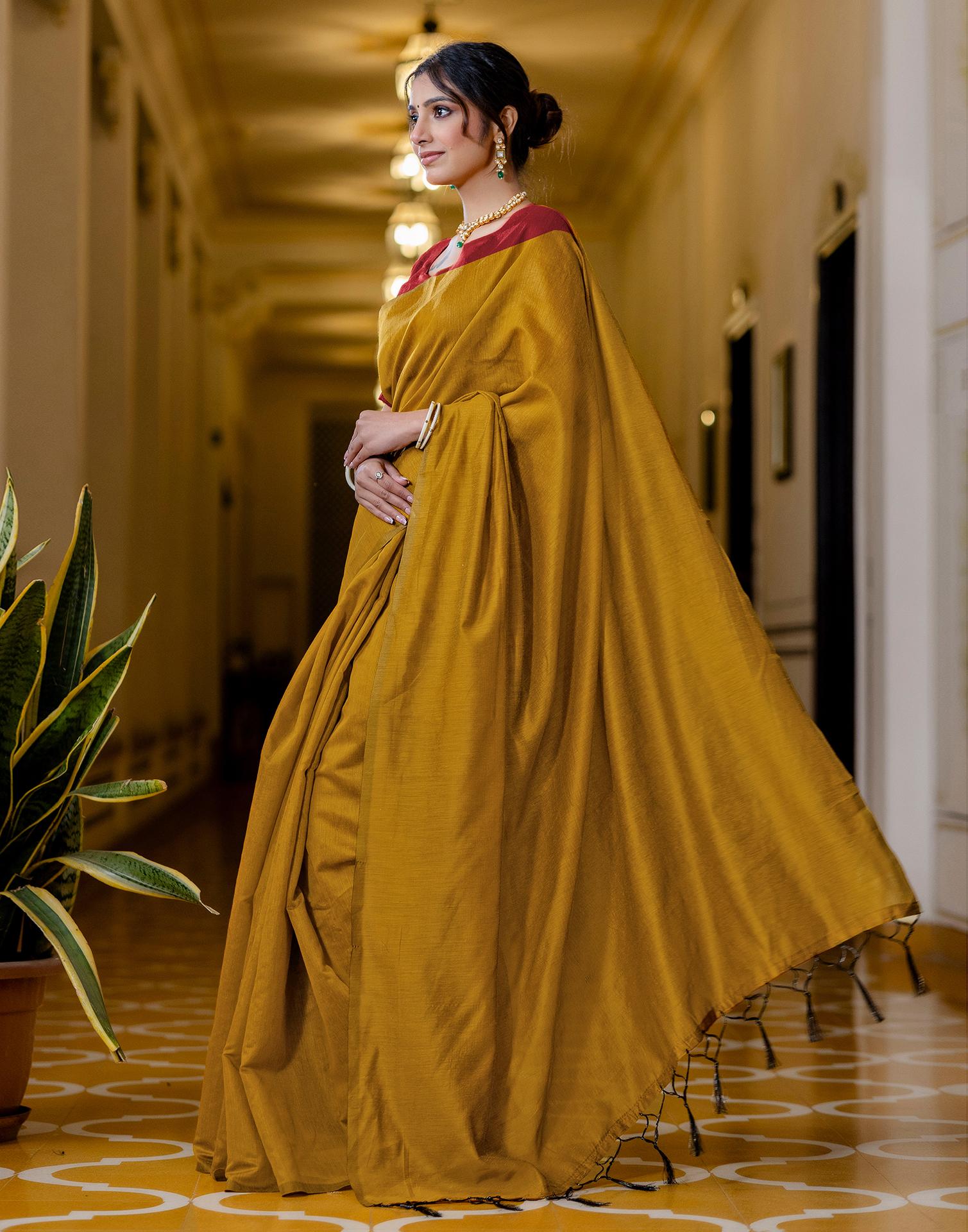 Yellow Chanderi Cotton Tassels Plain Saree