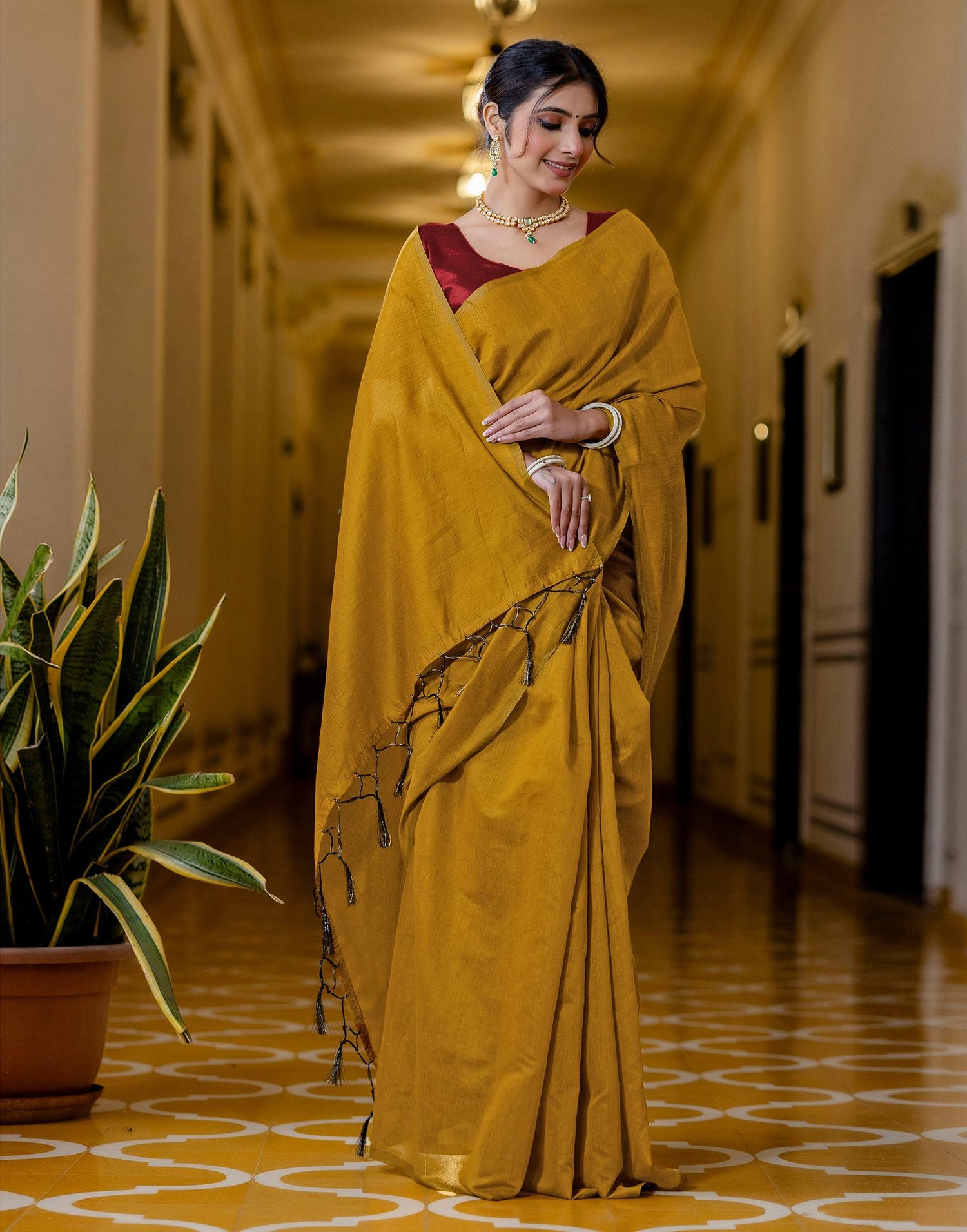 Yellow Chanderi Cotton Tassels Plain Saree