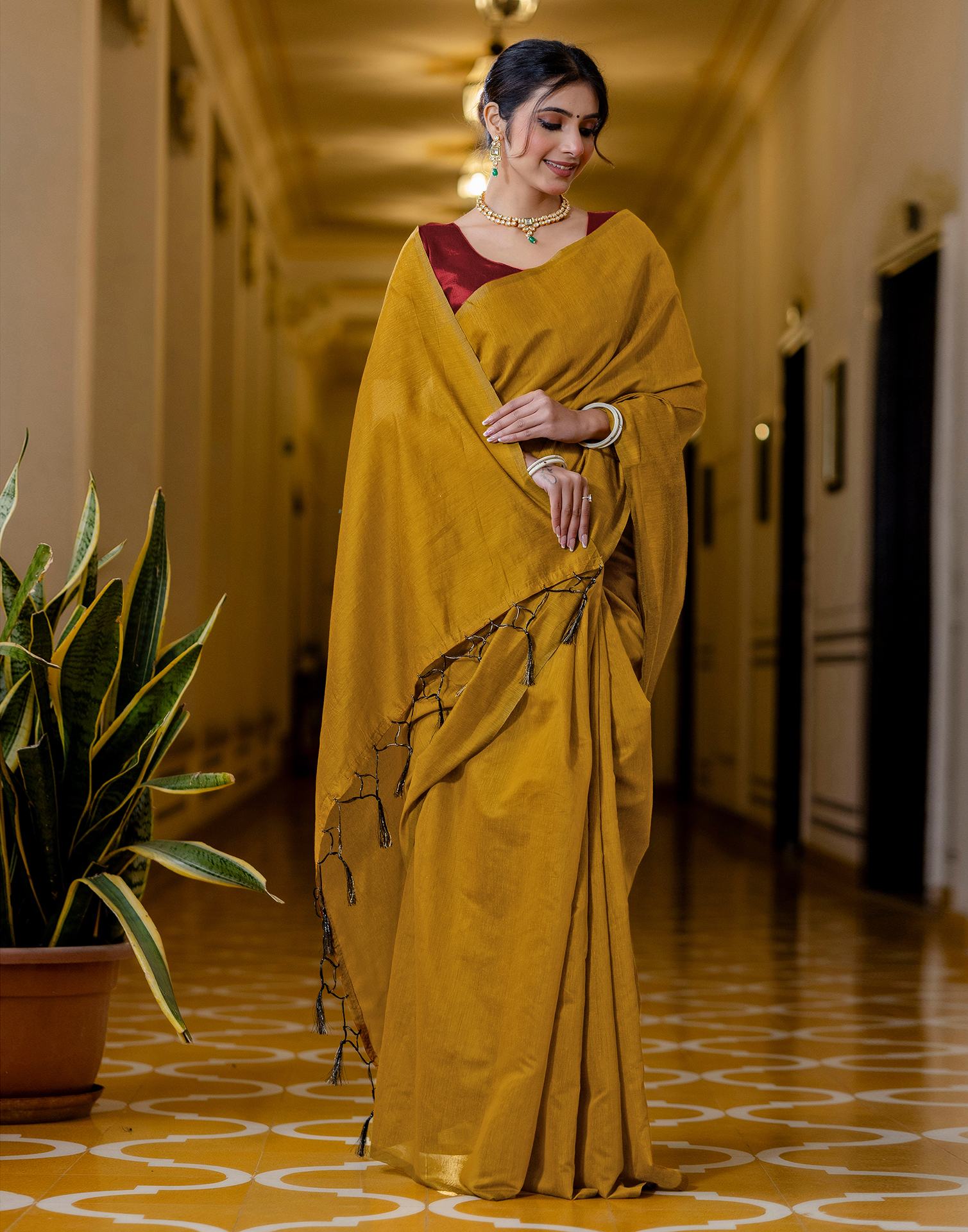 Yellow Chanderi Cotton Tassels Plain Saree