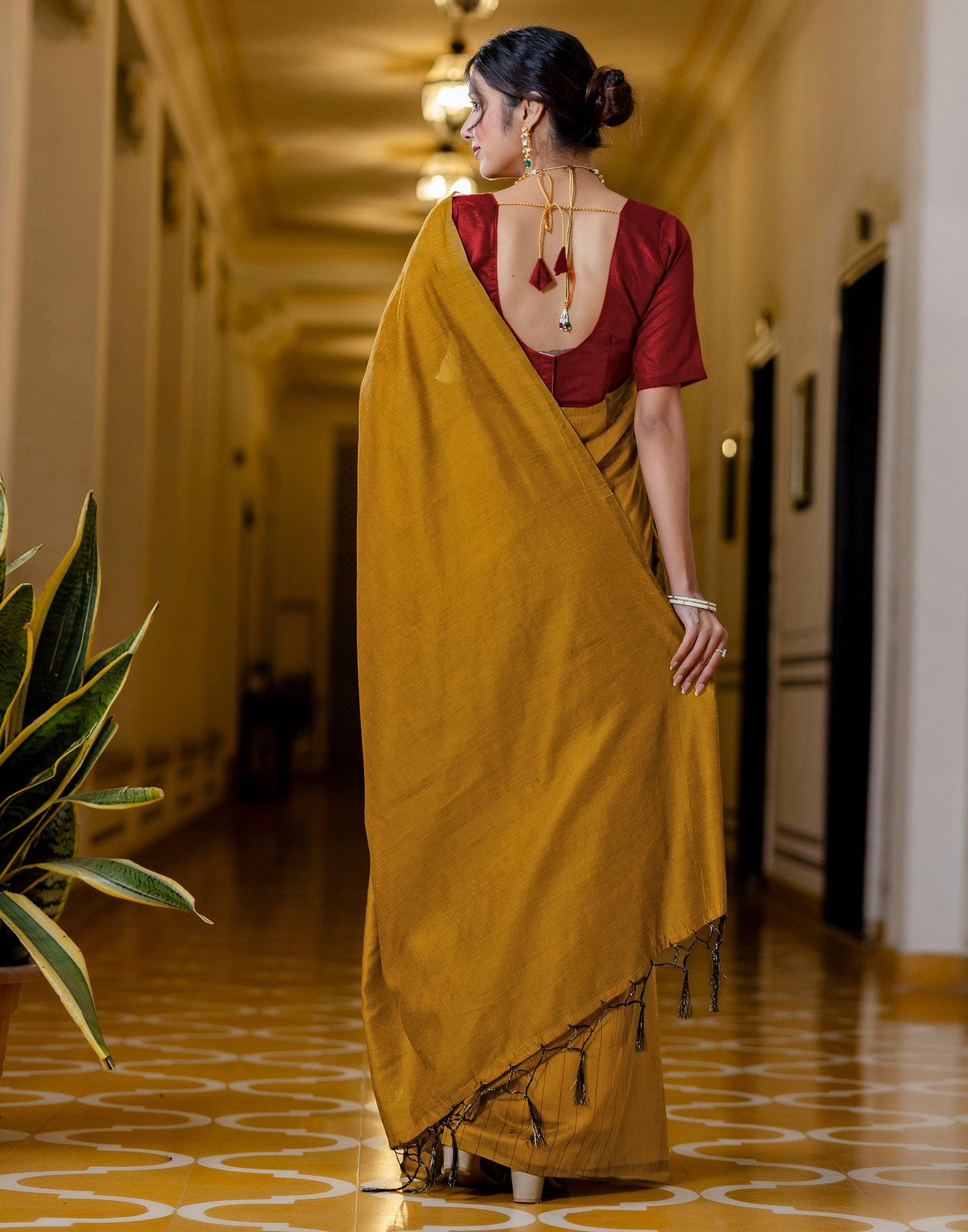 Yellow Chanderi Cotton Tassels Plain Saree