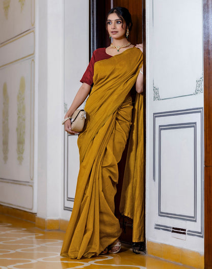 Yellow Chanderi Cotton Tassels Plain Saree