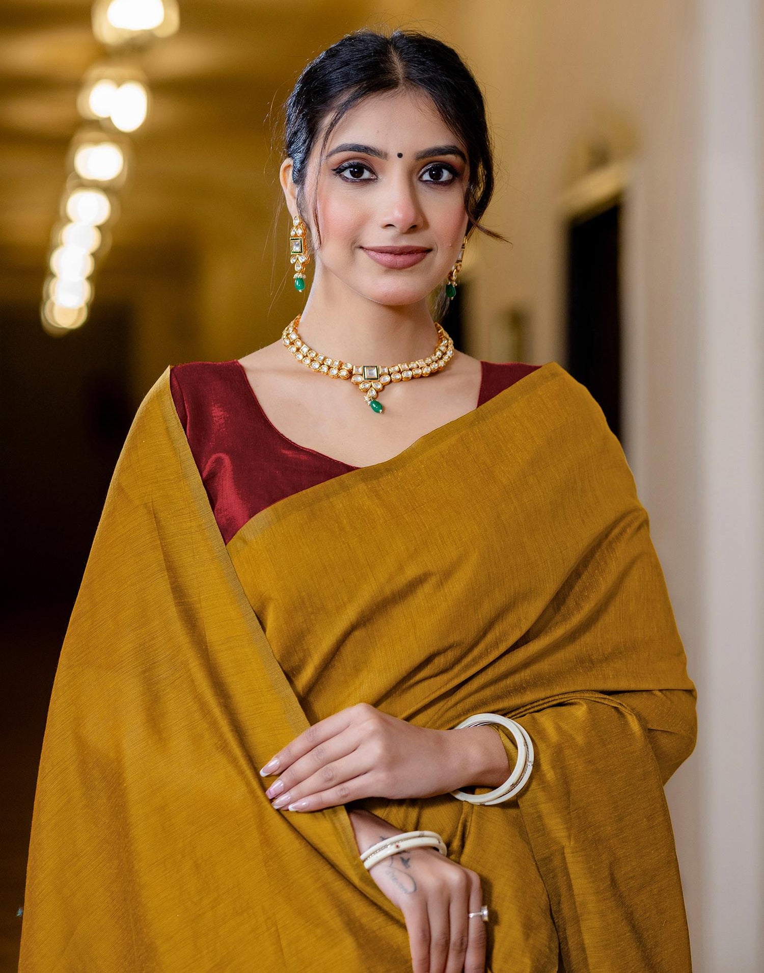 Yellow Chanderi Cotton Tassels Plain Saree