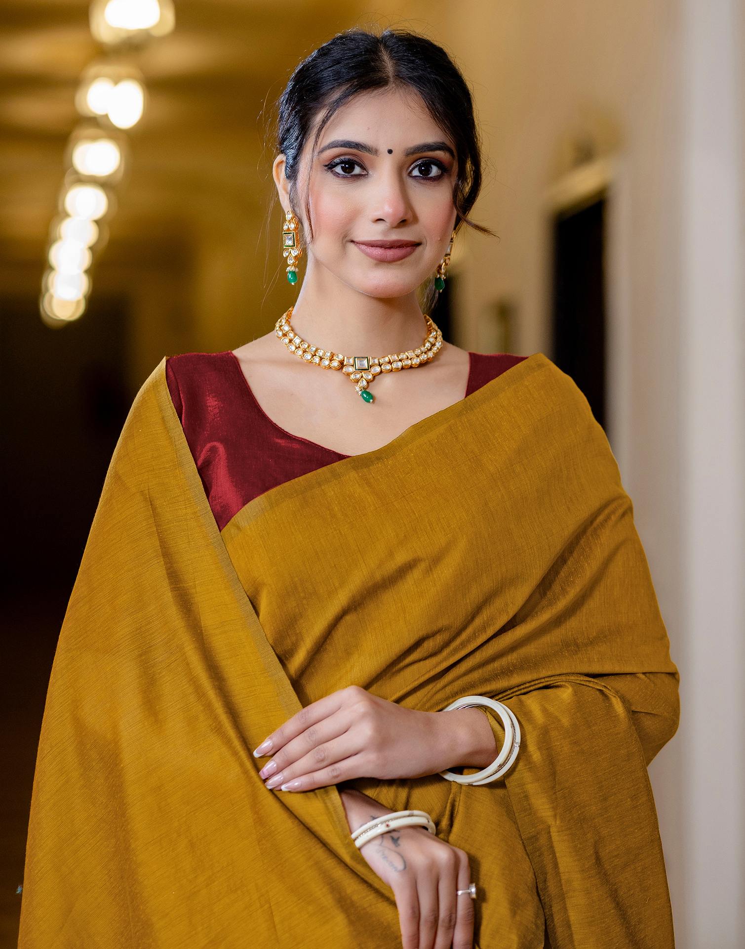 Yellow Chanderi Cotton Tassels Plain Saree