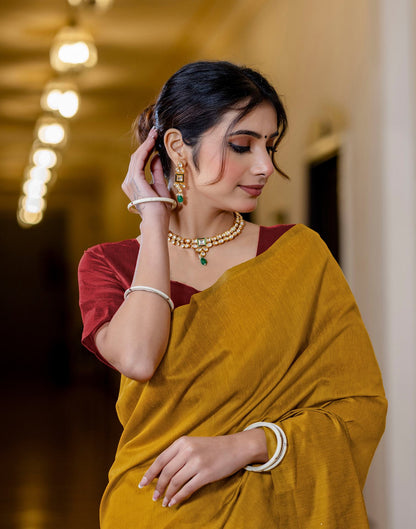 Yellow Chanderi Cotton Tassels Plain Saree