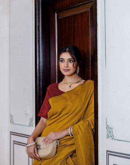Yellow Chanderi Cotton Tassels Plain Saree