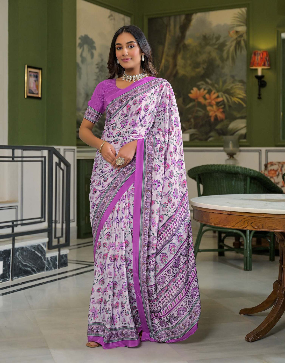 Light Pink Crepe Silk Printed Saree