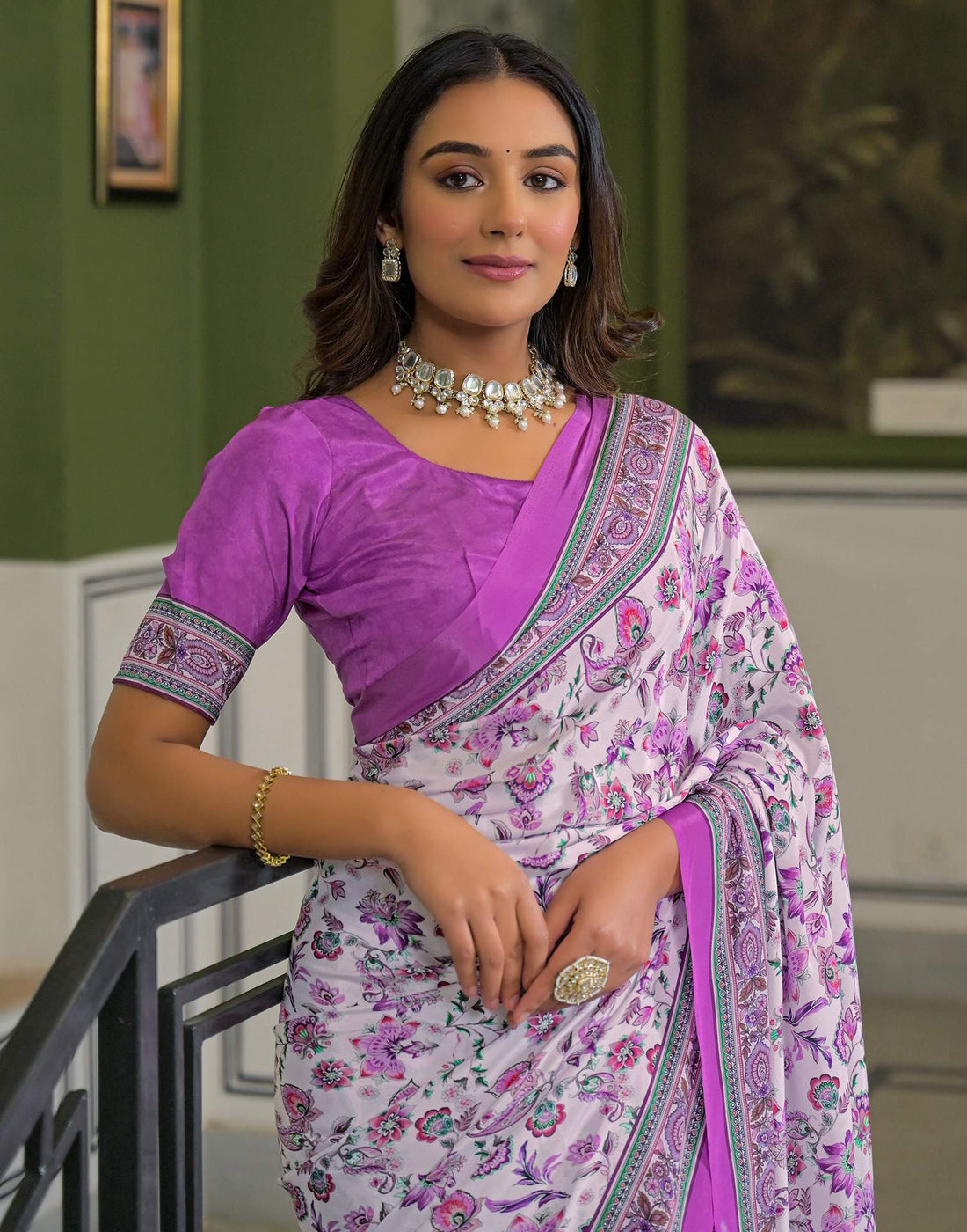 Light Pink Crepe Silk Printed Saree