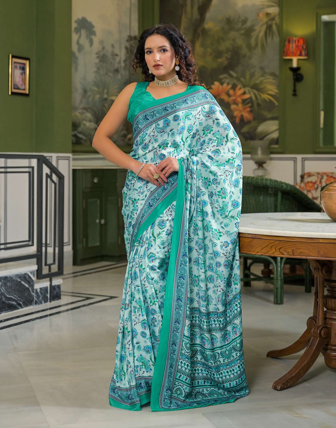 Light Mint Green Crepe Silk Printed Saree