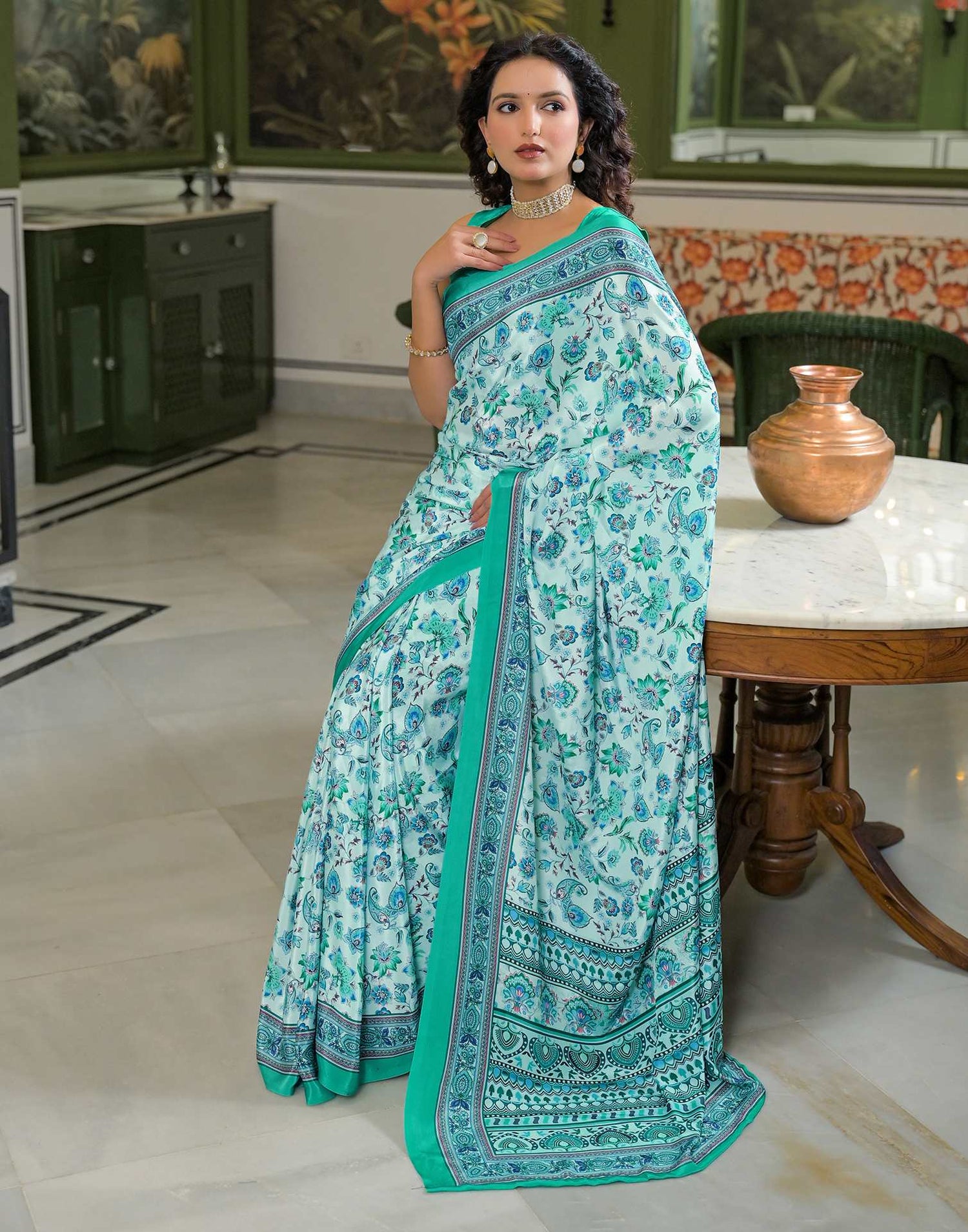 Light Mint Green Crepe Silk Printed Saree