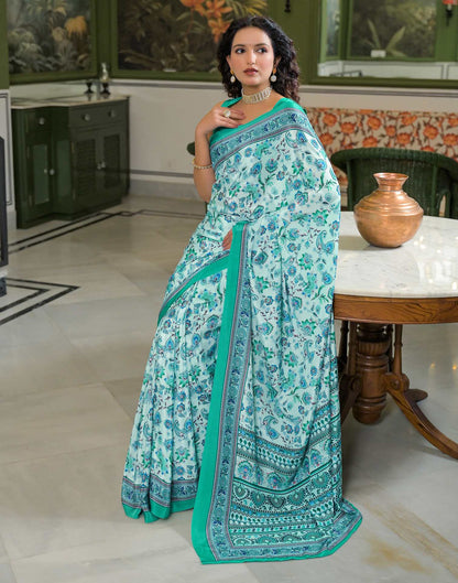 Light Mint Green Crepe Silk Printed Saree