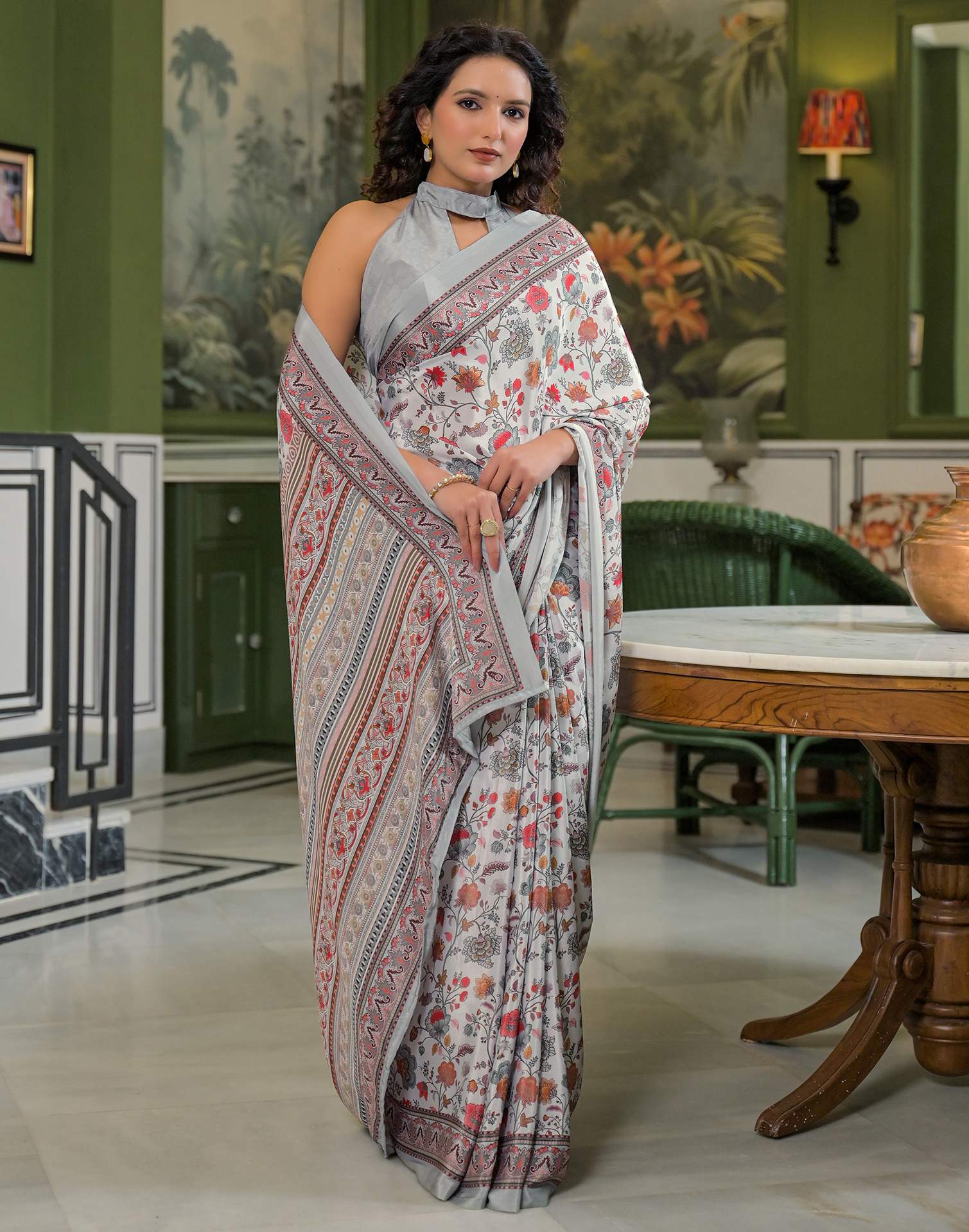 Grey Crepe Silk Printed Saree