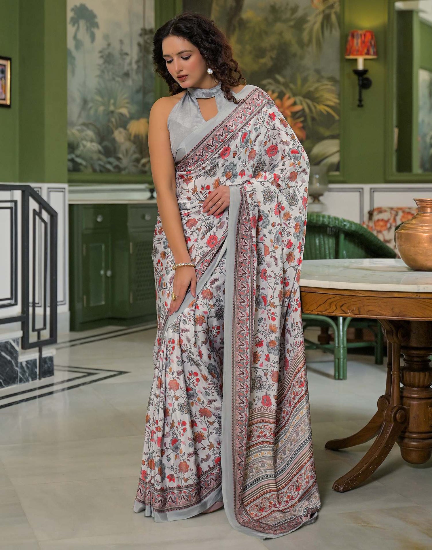 Grey Crepe Silk Printed Saree