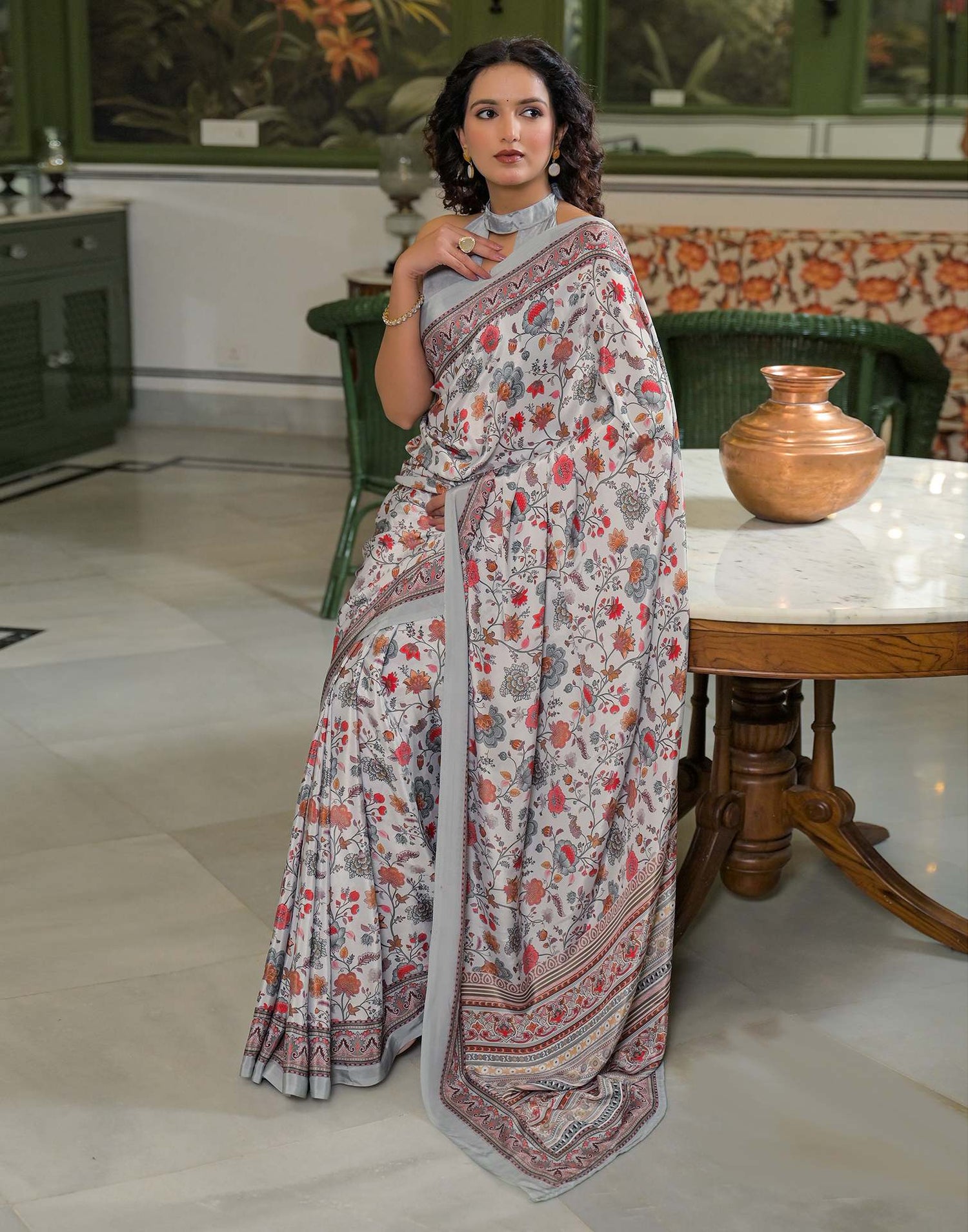 Grey Crepe Silk Printed Saree