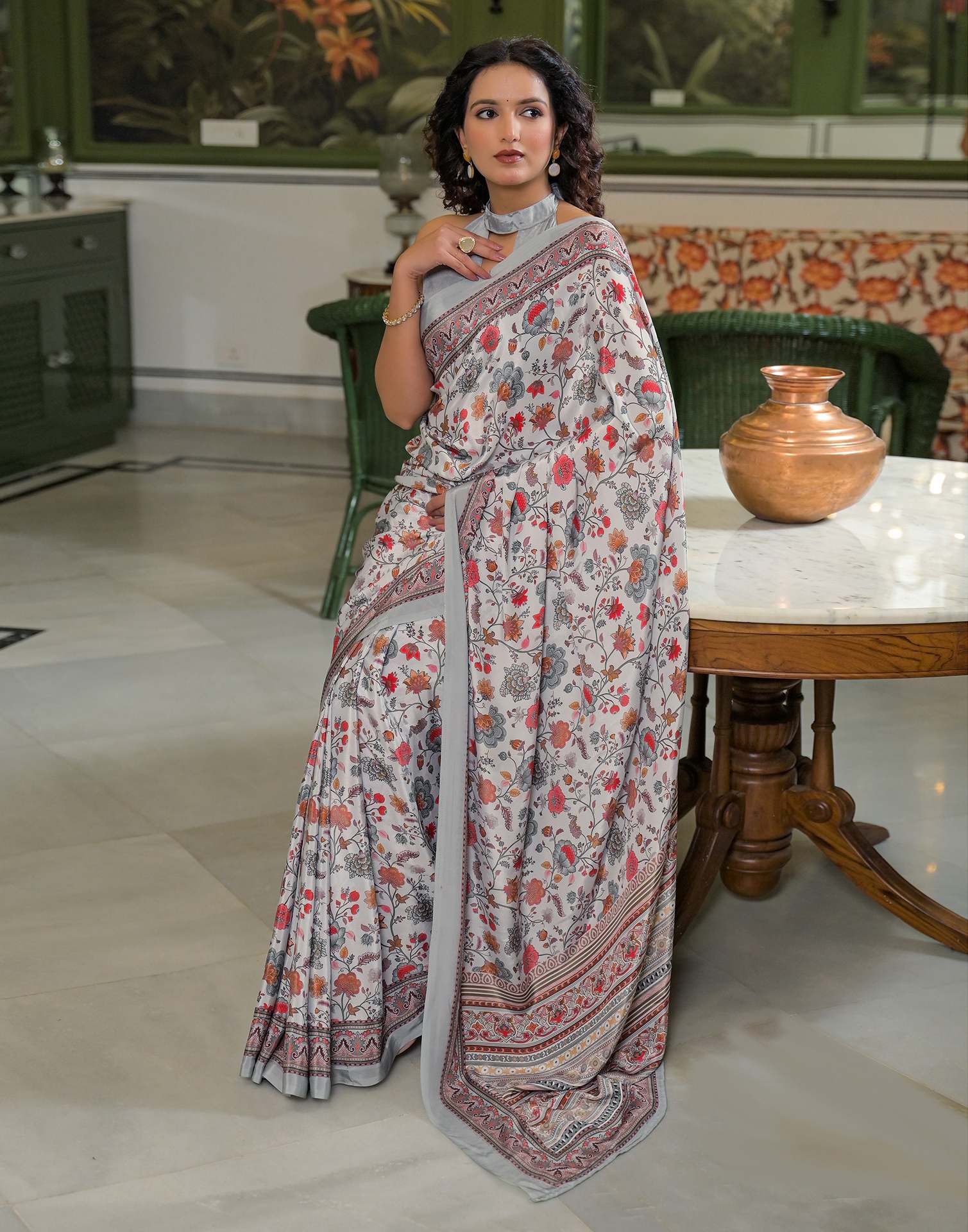 Grey Crepe Silk Printed Saree