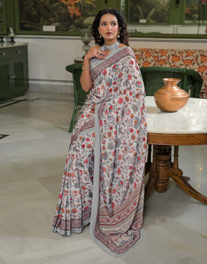 Grey Crepe Silk Printed Saree