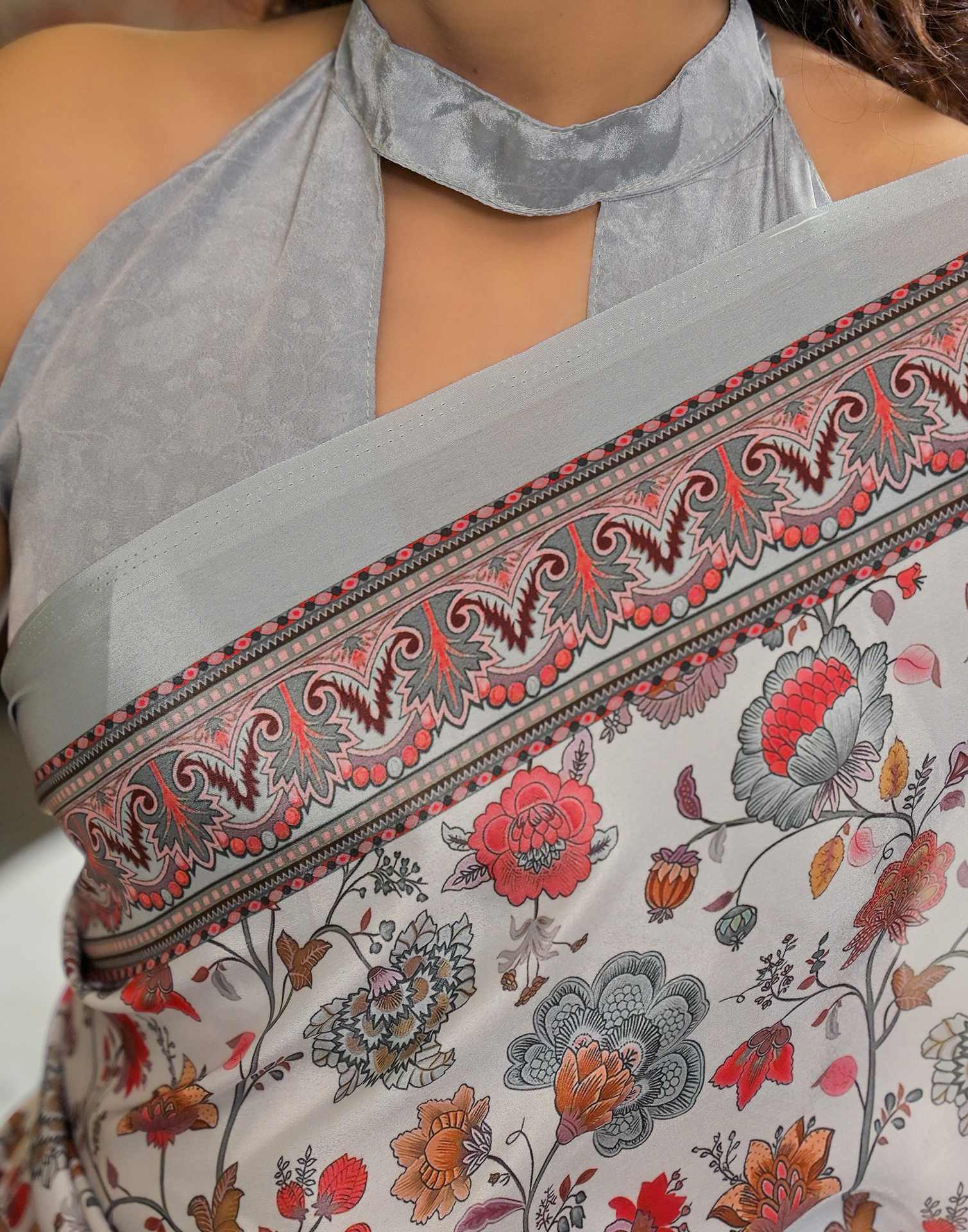 Grey Crepe Silk Printed Saree