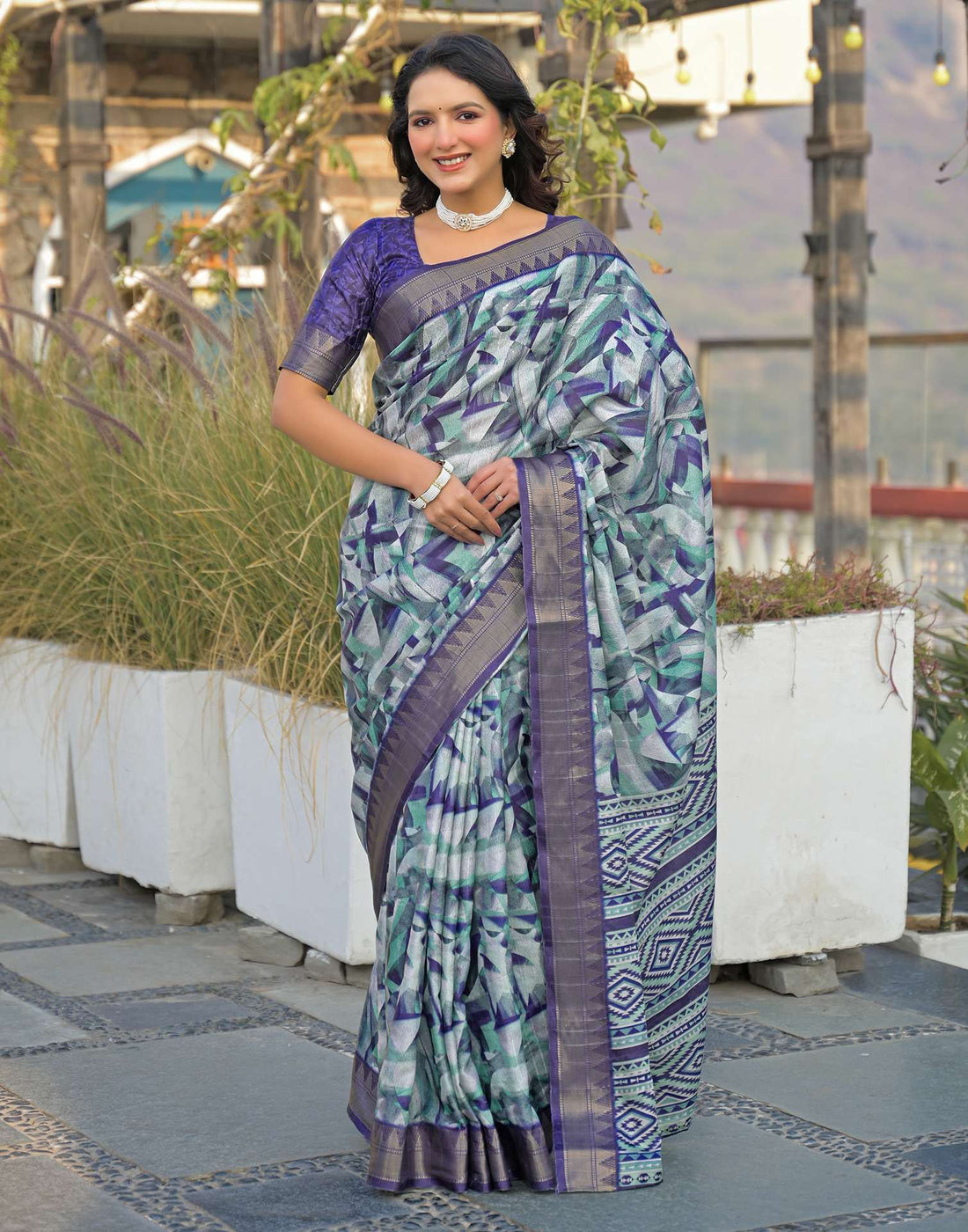 Navy Blue Silk Woven Printed Saree