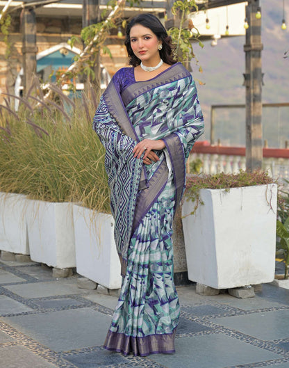 Navy Blue Silk Woven Printed Saree