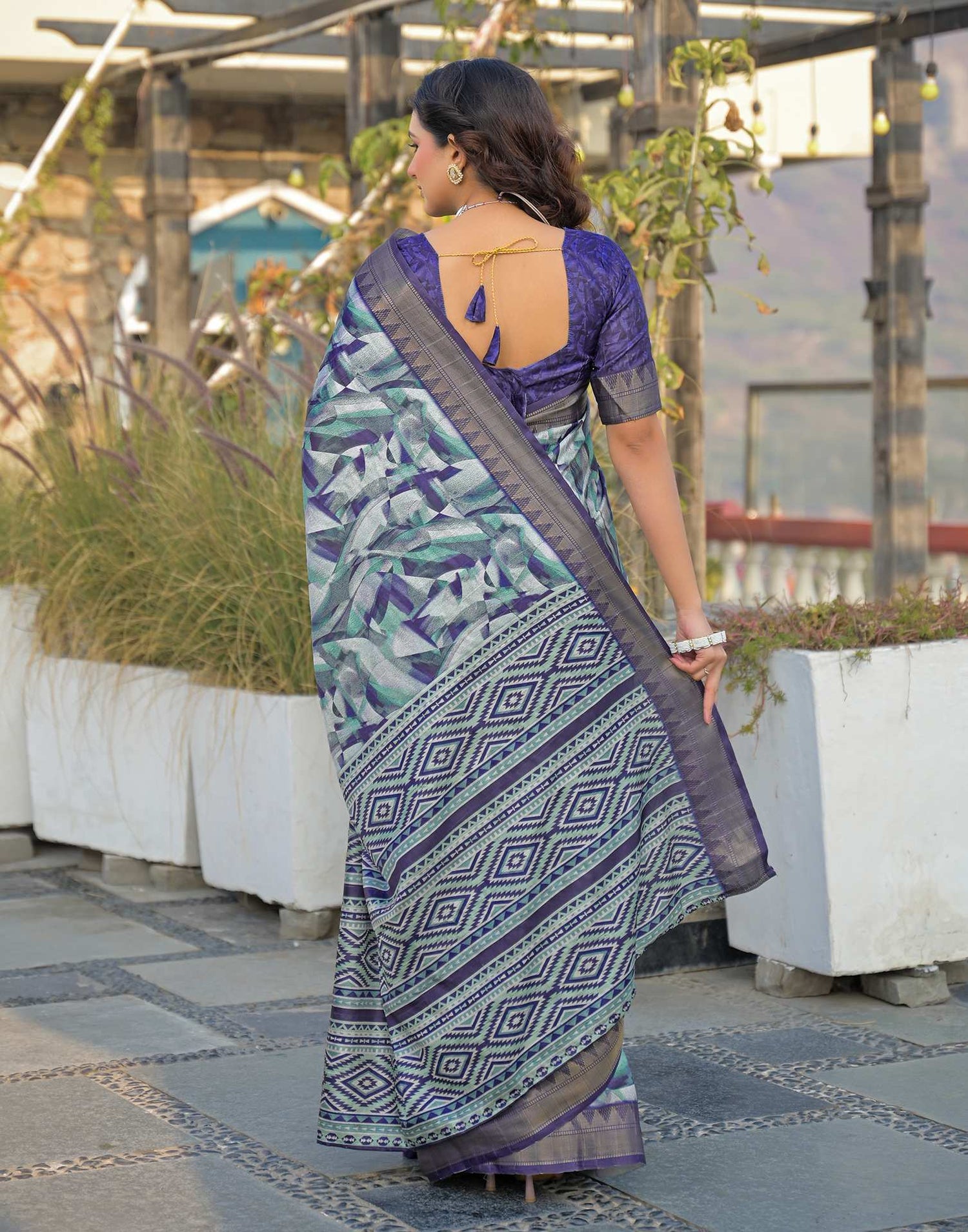 Navy Blue Silk Woven Printed Saree