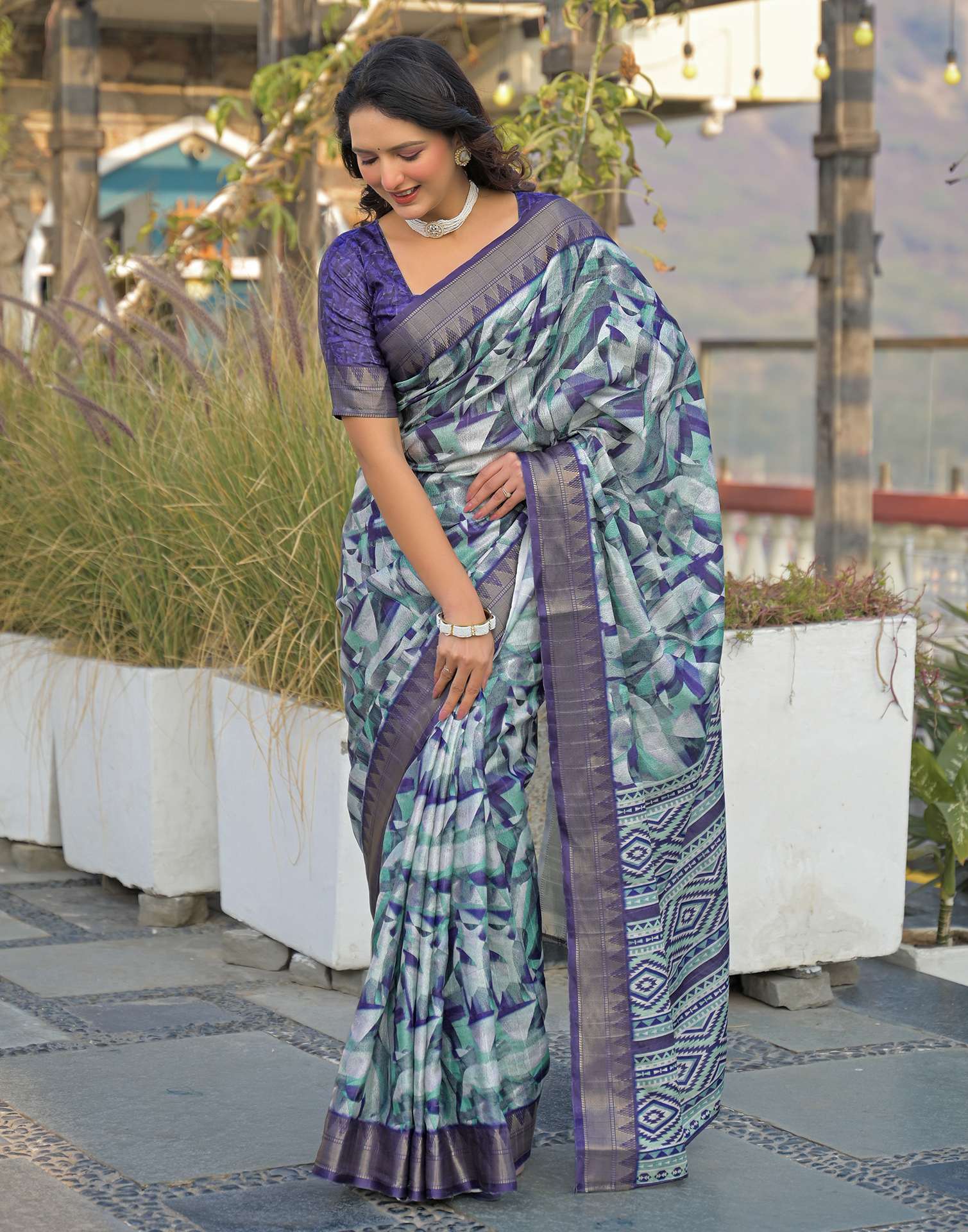 Navy Blue Silk Woven Printed Saree