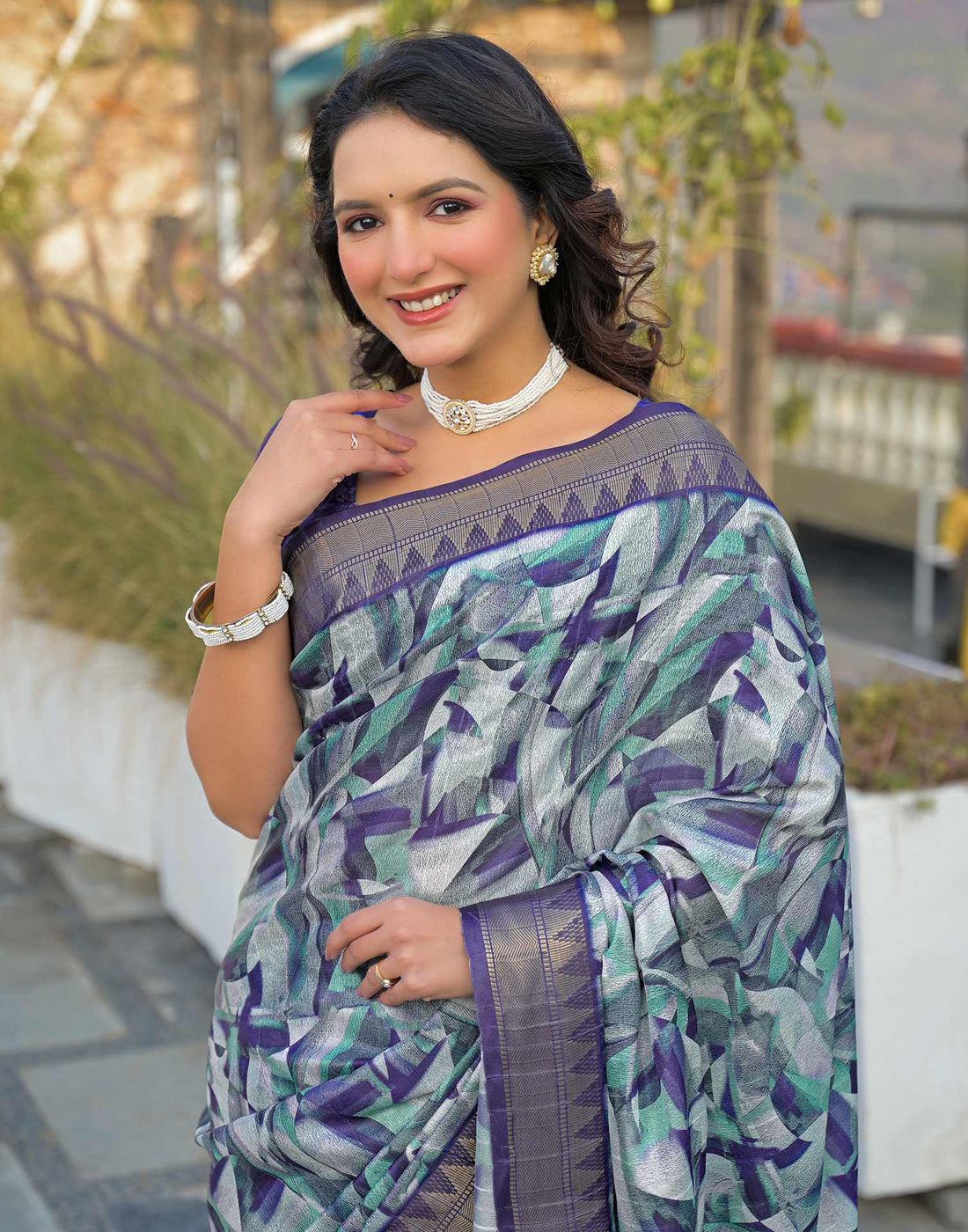 Navy Blue Silk Woven Printed Saree