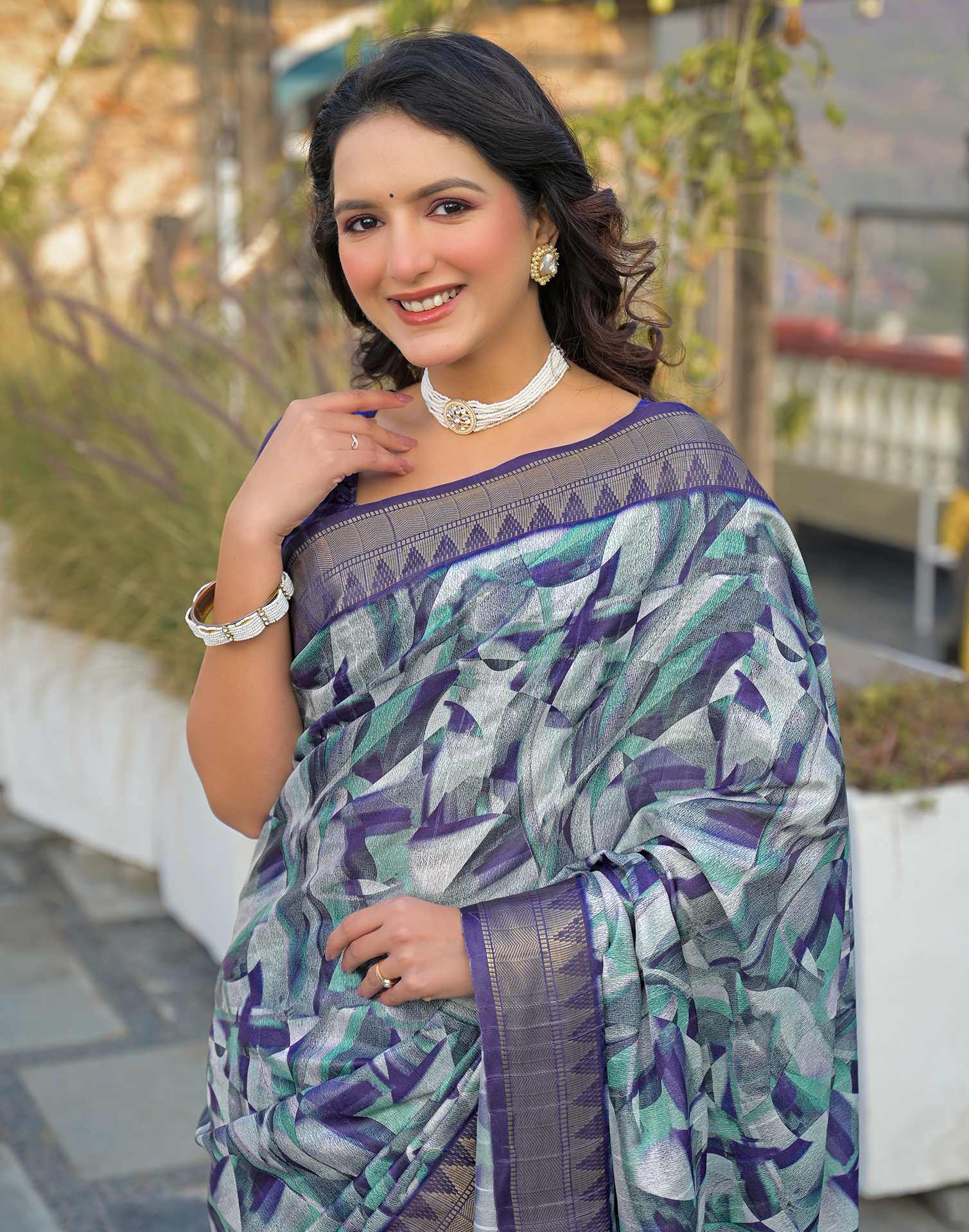 Navy Blue Silk Woven Printed Saree