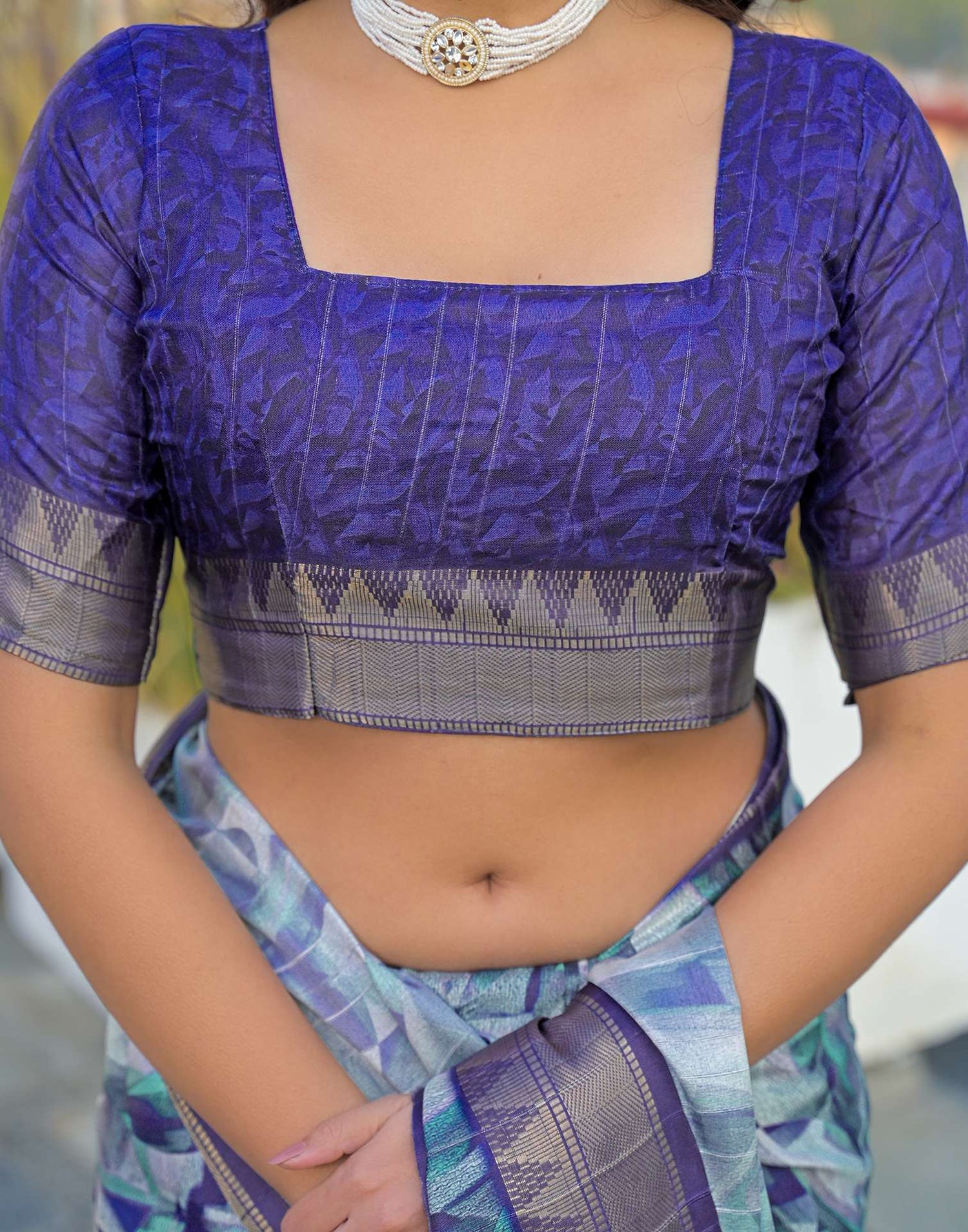 Navy Blue Silk Woven Printed Saree