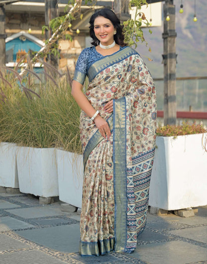 Beige Silk Woven Printed Saree