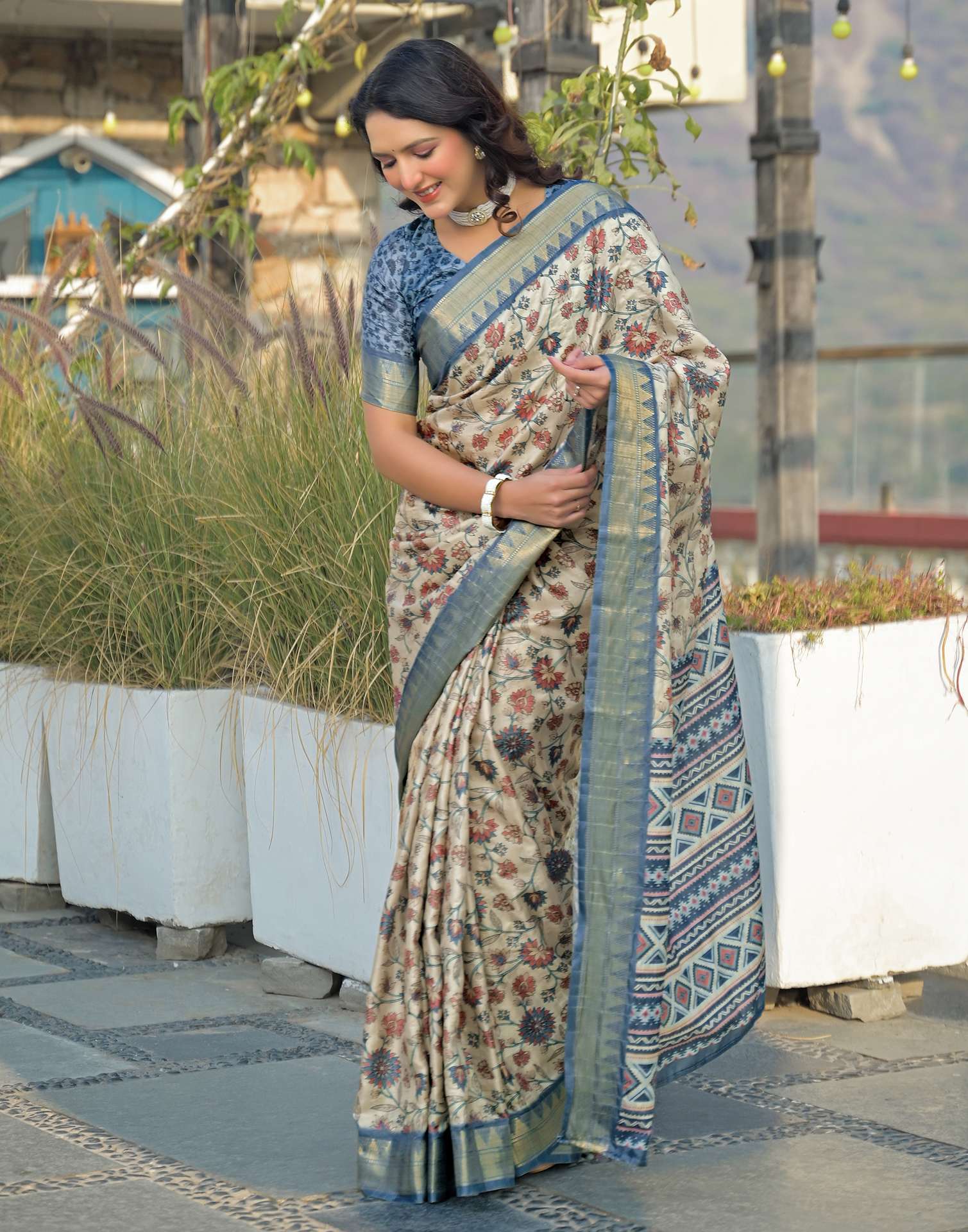 Beige Silk Woven Printed Saree
