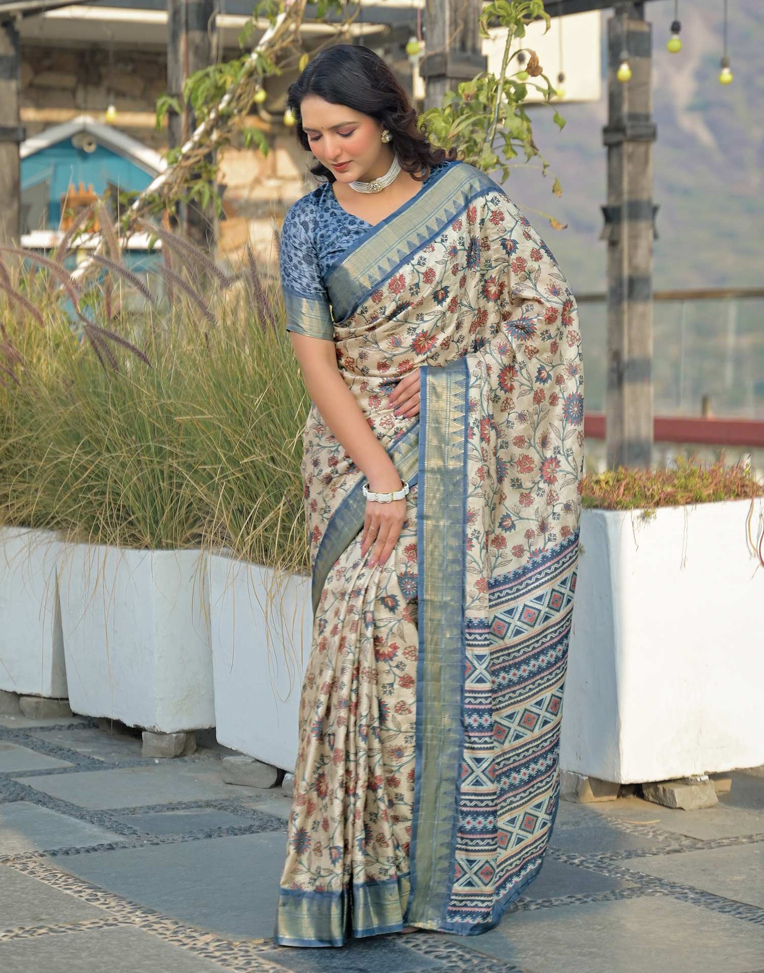 Beige Silk Woven Printed Saree