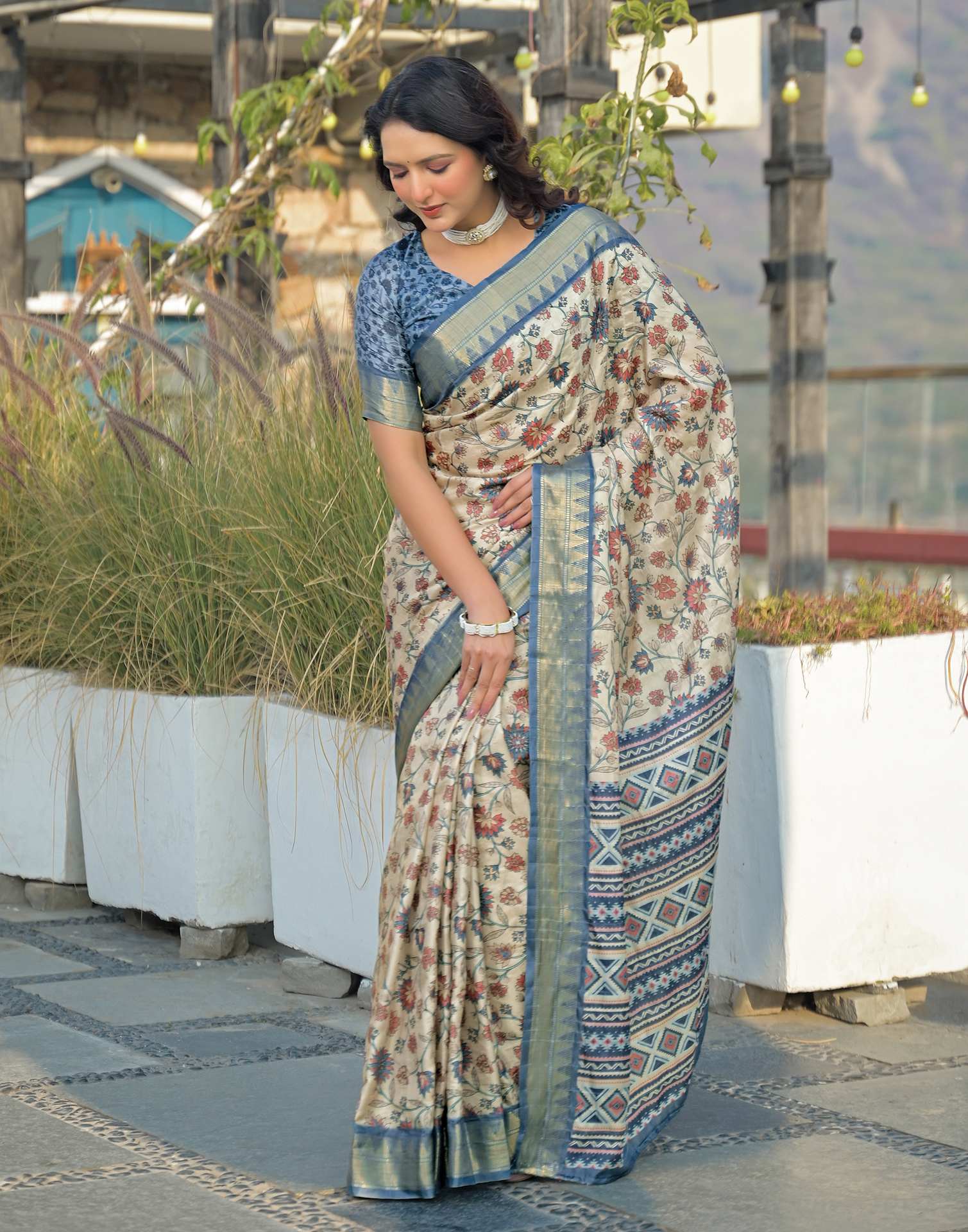 Beige Silk Woven Printed Saree