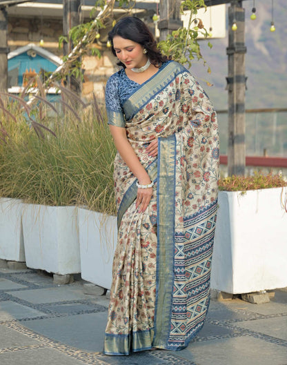 Beige Silk Woven Printed Saree