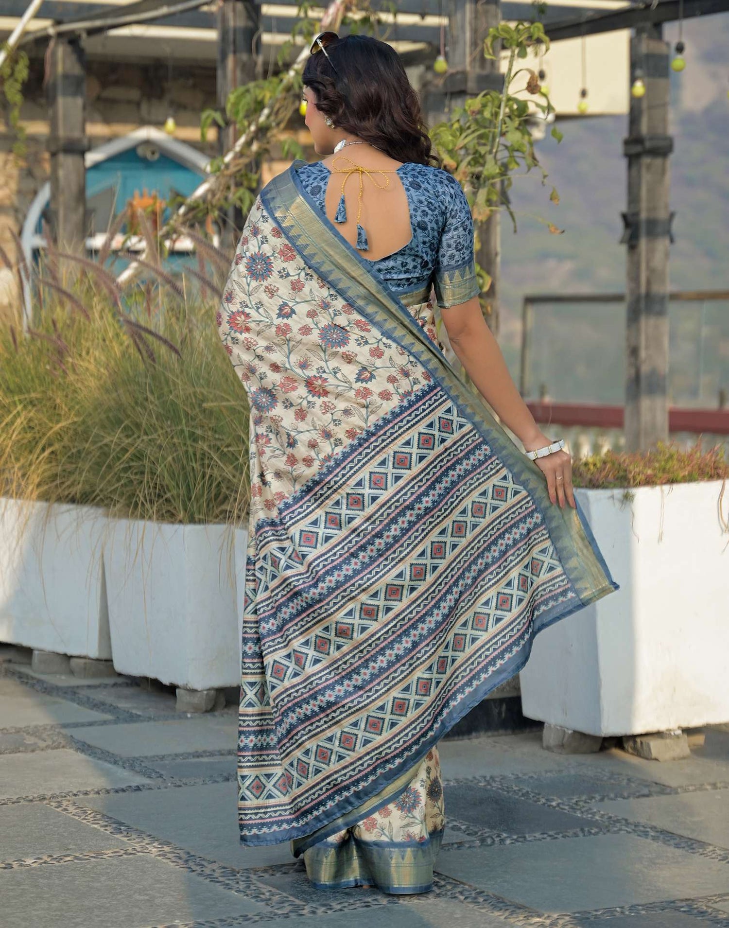 Beige Silk Woven Printed Saree