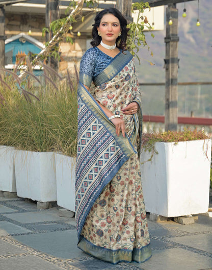 Beige Silk Woven Printed Saree