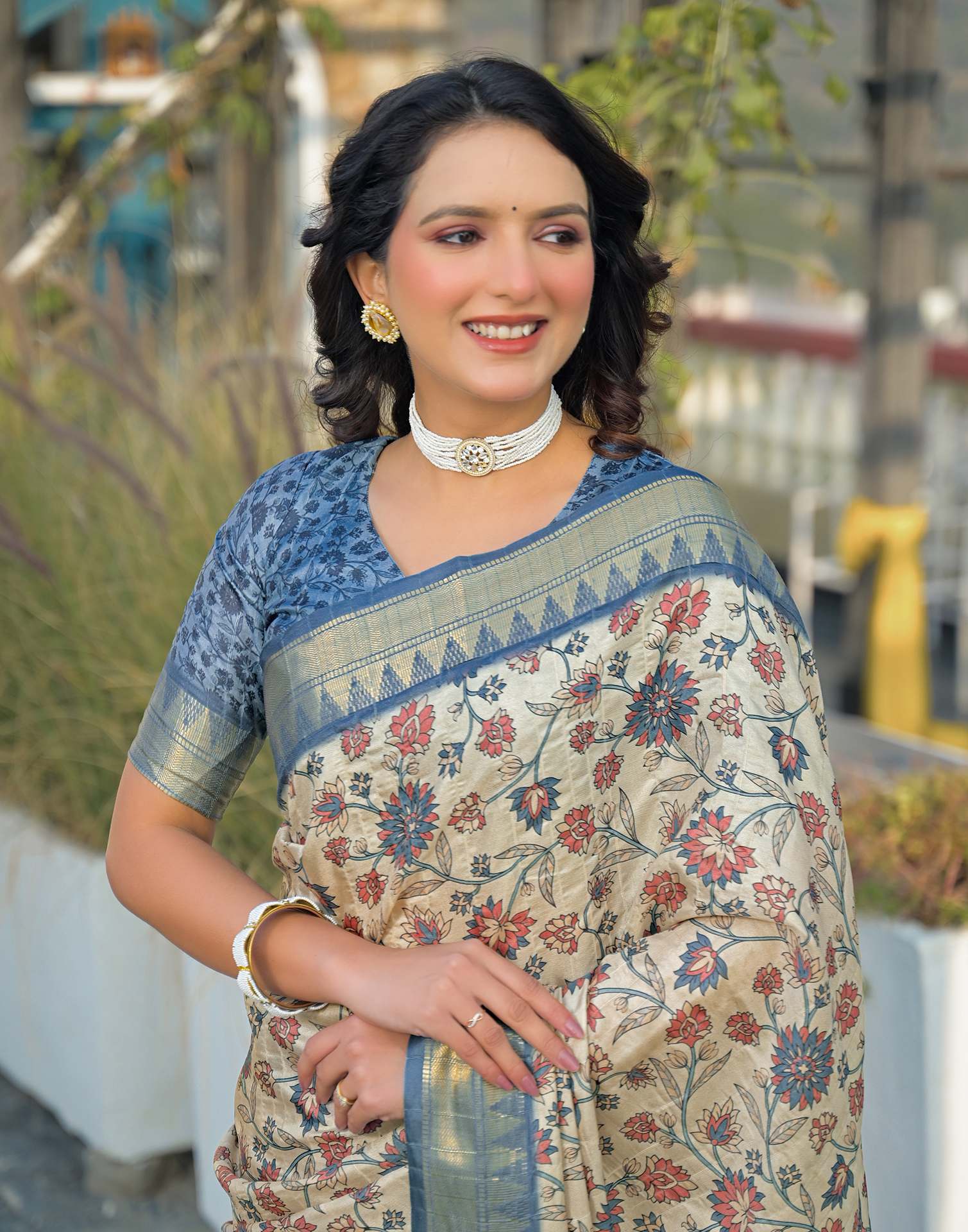 Beige Silk Woven Printed Saree