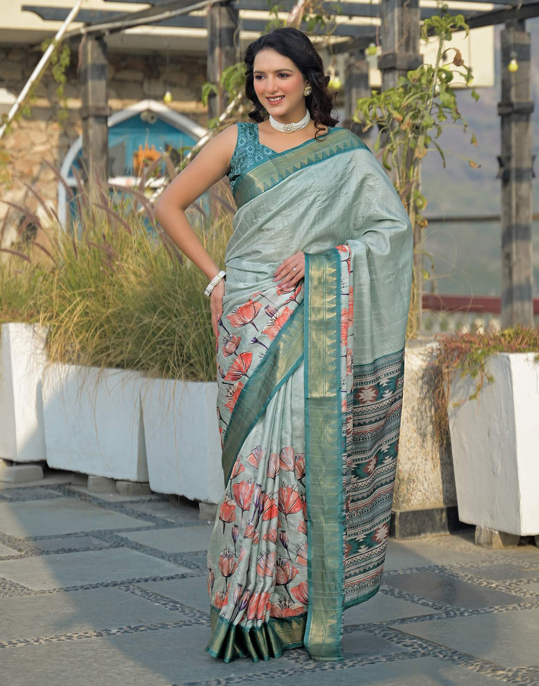 Light Turquoise Silk Woven Printed Saree